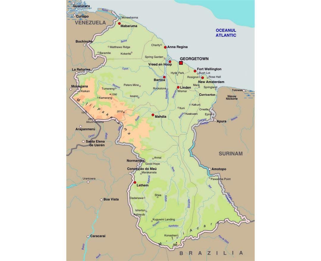 வரைபடம் கயானா காட்டும் நகரங்கள்